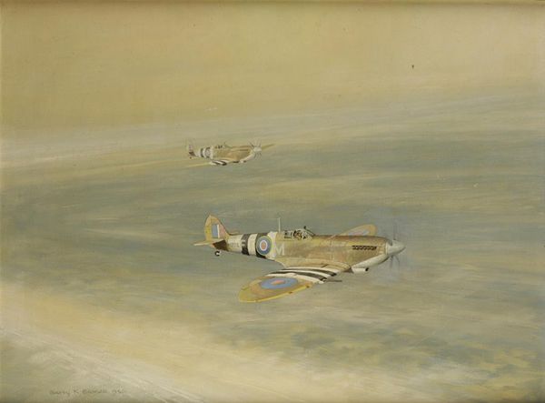 •BARRY K BARNES (20TH CENTURY) two spitfires in flight