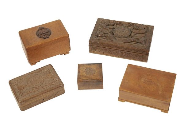 FIVE WOODEN BOXES relating to the Royal Tank Regiment and Royal Armoured Corps