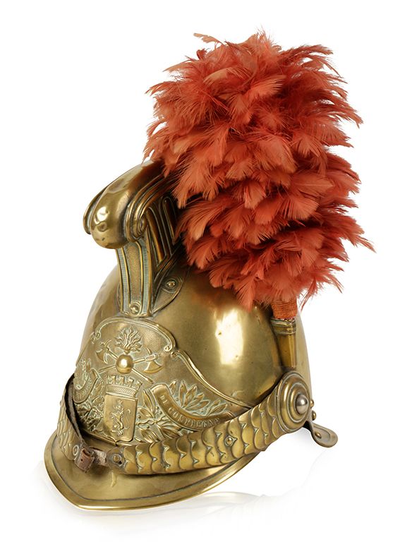 A BRASS FIRE HELMET from Compiègne Fire Brigade of France circa 1855