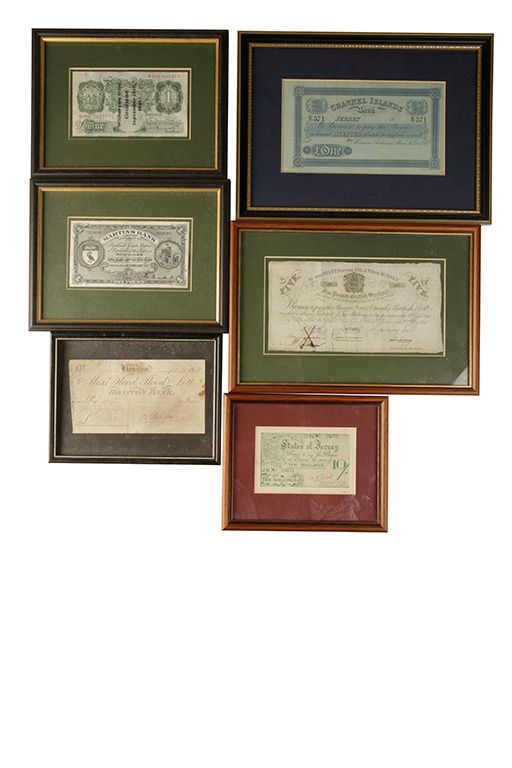 COLLECTION OF SIX FRAMED BANK NOTES, ISLE OF MAN / JERSEY