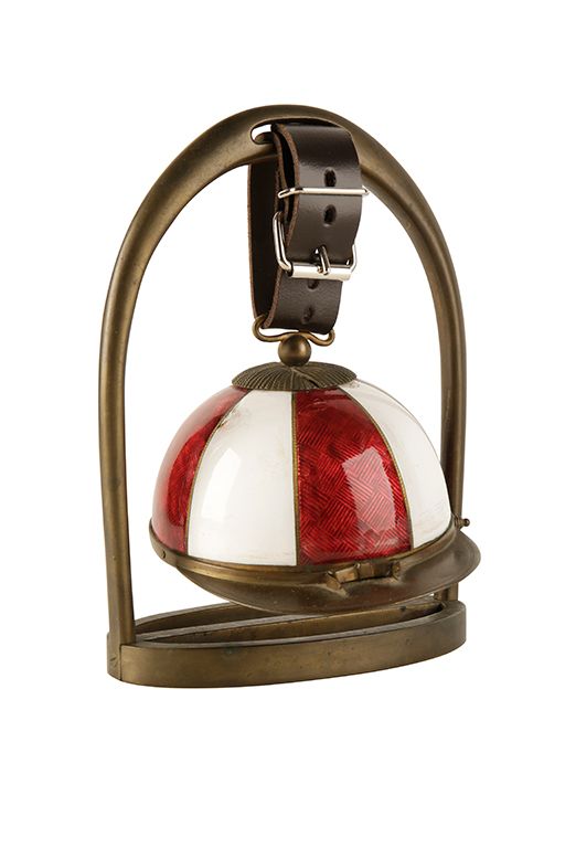 ENAMEL & BRASS TABLE BELL IN THE FORM OF A JOCKEY CAP