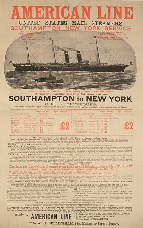 AMERICAN LINE POSTER FOR THE SOUTHAMPTON - NEW YORK ROUTE