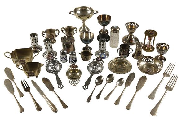 COLLECTION OF VARIOUS SHIPPING EMBLEM SILVER PLATED ITEMS