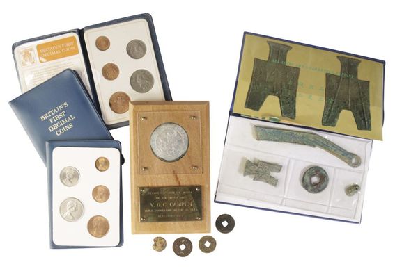 ASSORTED COINS including shipwreck coin in a wooden frame
