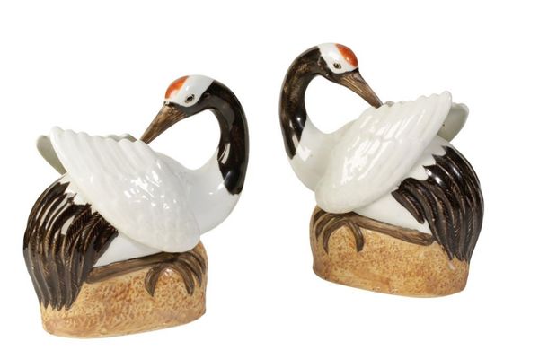 PAIR OF GLAZED POTTERY CRANES, FOUR CHARACTER MARKS OF JIN SHENGSHEN