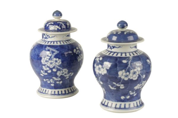 TWO BLUE AND WHITE COVERED JARS, LATE QING DYNASTY