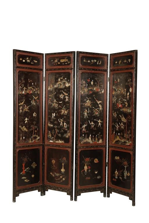 EXPORT LACQUER AND HARDSTONE FOUR FOLD SCREEN, QING DYNASTY, 19TH CENTURY