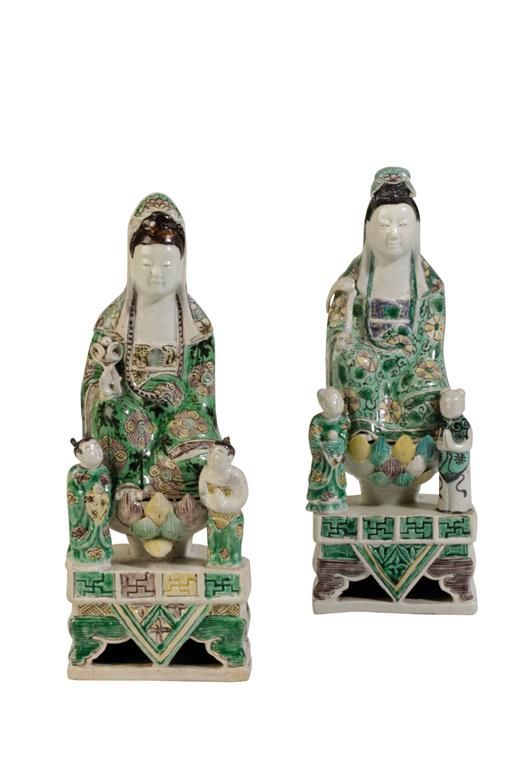 TWO FAMILLE VERTE POTTERY FIGURES OF GUANYIN, KANGXI PERIOD