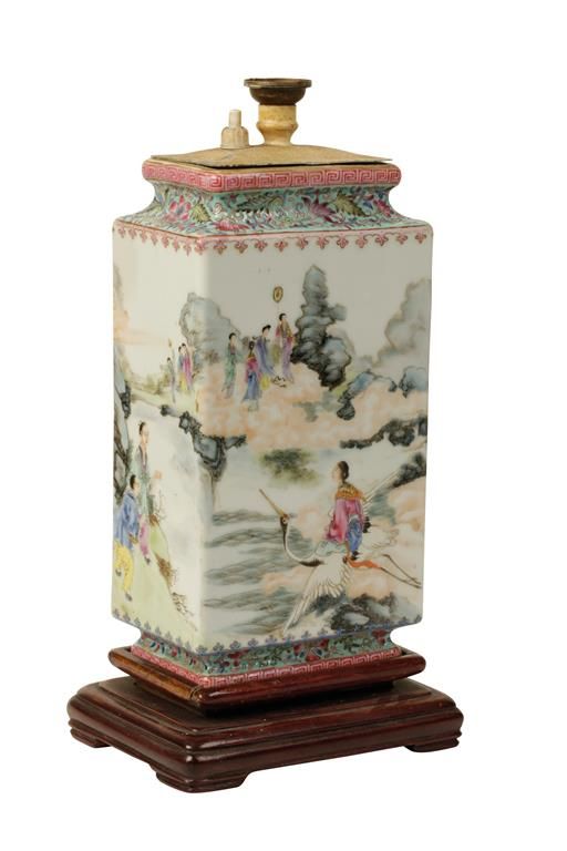 FINE FAMILLE ROSE SQUARE SECTION 'IMMORTALS' VASE, QIANLONG FOUR CHARACTER MARK BUT REPUBLIC PERIOD