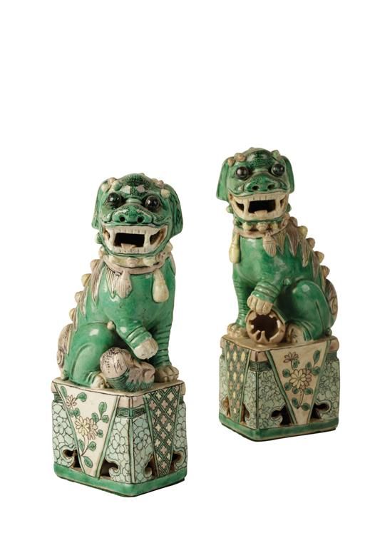 PAIR OF FAMILLE VERTE BUDDHISTIC LIONS