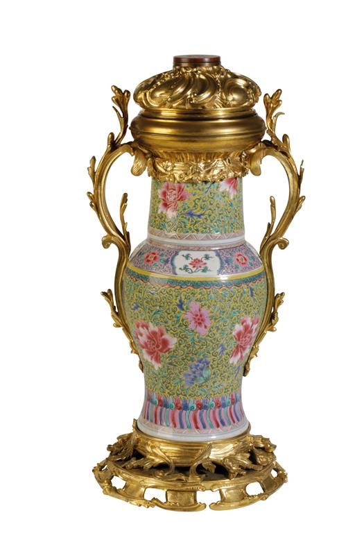 FAMILLE ROSE AND GILT-BRONZE MOUNTED VASE, QING DYNASTY, 19TH CENTURY