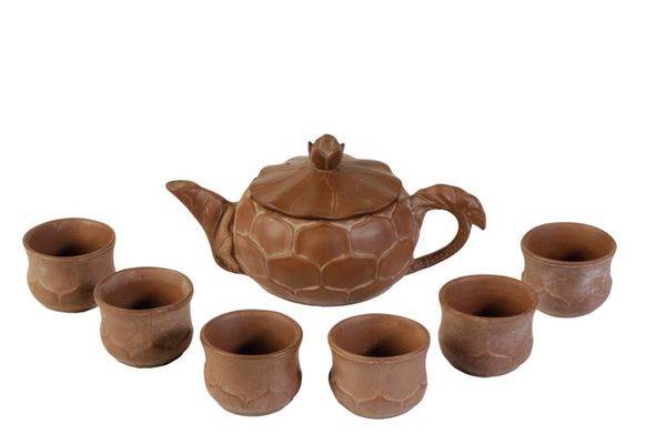 YIXING 'LOTUS' TEAPOT AND SIX CUPS, REPUBLIC PERIOD, SIGNED ZHONG ZUO