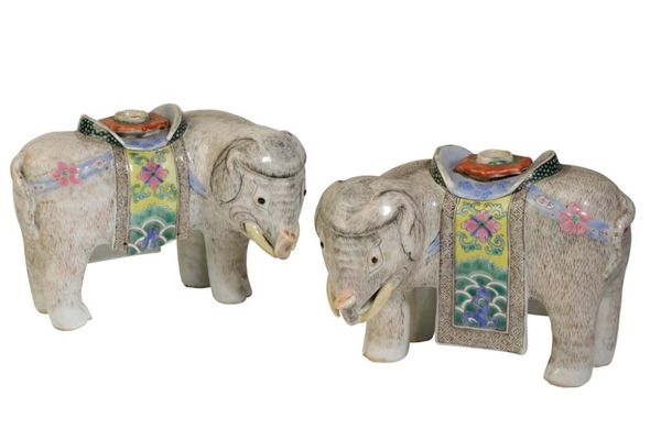 PAIR OF FAMILLE ROSE EXPORT ELEPHANT JOSS STICK HOLDERS, QING DYNASTY, 19TH CENTURY