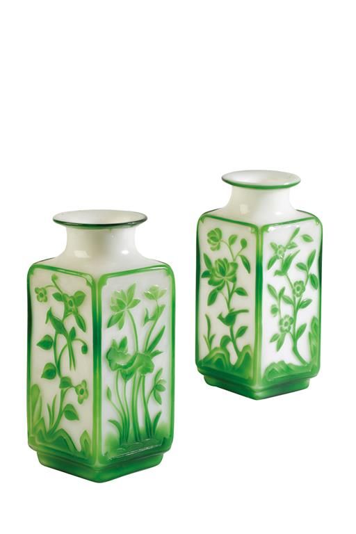 PAIR OF GREEN OVERLAY SQUARE-FORM GLASS VASES