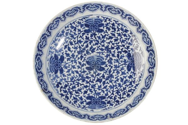 BLUE AND WHITE 'LOTUS' CHARGER, KANGXI SIX CHARACTER MARK BUT 19TH CENTURY