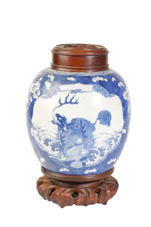 BLUE AND WHITE 'QILIN' GINGER JAR, KANGXI SIX CHARACTER MARK BUT 19TH CENTURY