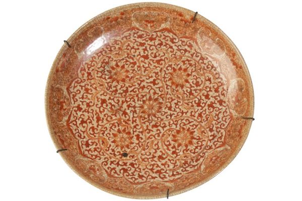 LARGE IRON-RED CRACKLE-GLAZE 'LOTUS' CHARGER, JIANJING MARK BUT LATE 19TH CENTURY