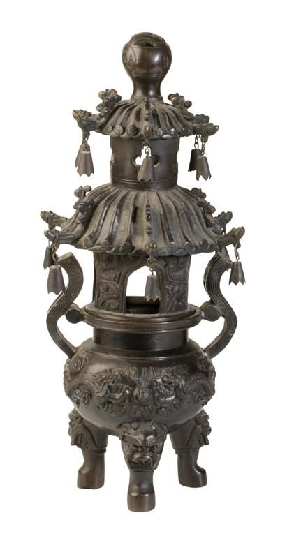 BRONZE 'PAGODA' FORM TRIPOD CENSER, LATE QING DYNASTY