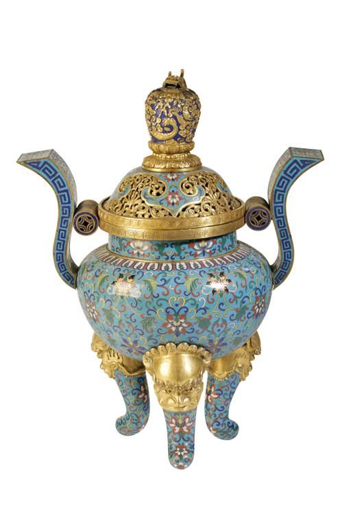 LARGE GILT-BRONZE AND CLOISONNE TRIPOD CENSER AND COVER, QING DYNASTY, 19TH CENTURY