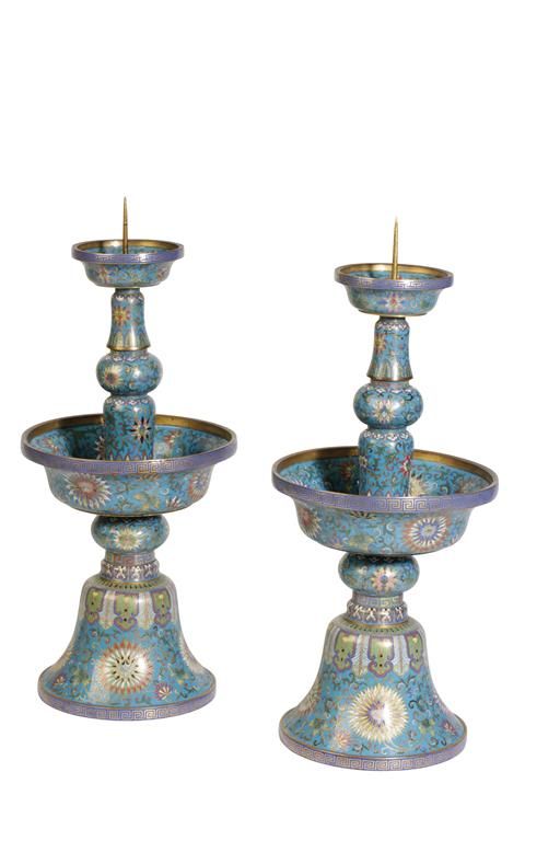 PAIR OF CLOISONNE CANDLESTICKS, DE CHENG MARKS, LATE QING DYNASTY