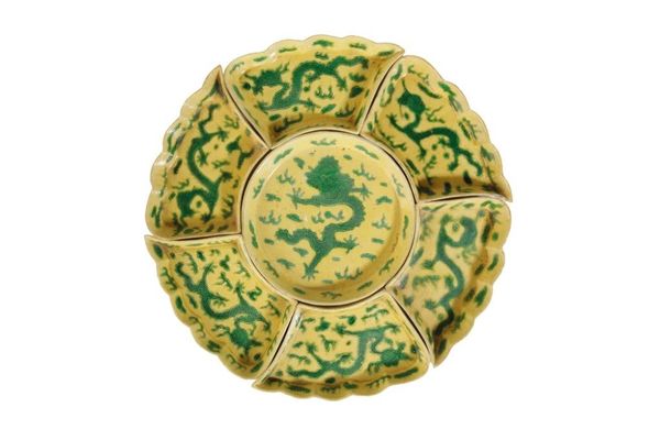 RARE YELLOW AND GREEN 'DRAGON' SWEETMEAT, JIAQING / DAOGUANG PERIOD