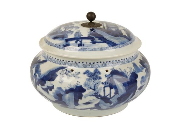 FINE BLUE AND WHITE 'SCHOLARS' TUREEN AND COVER, KANGXI PERIOD