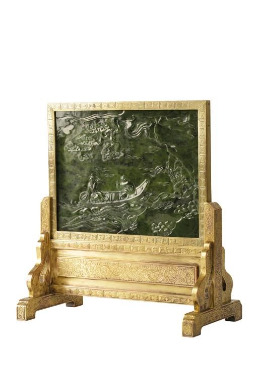 SPINACH JADE AND GILT-BRONZE TABLE SCREEN, QING DYNASTY