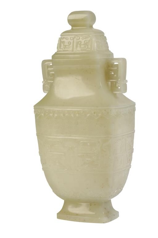 ARCHAIC STYLE WHITE JADE VASE AND COVER