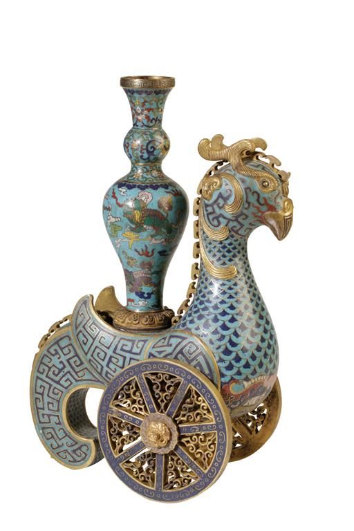 CLOISONNE ENAMEL ARCHAISTIC 'WHEELED' PHOENIX-FORM VASE, ZUN, QING DYNASTY, 19TH CENTURY