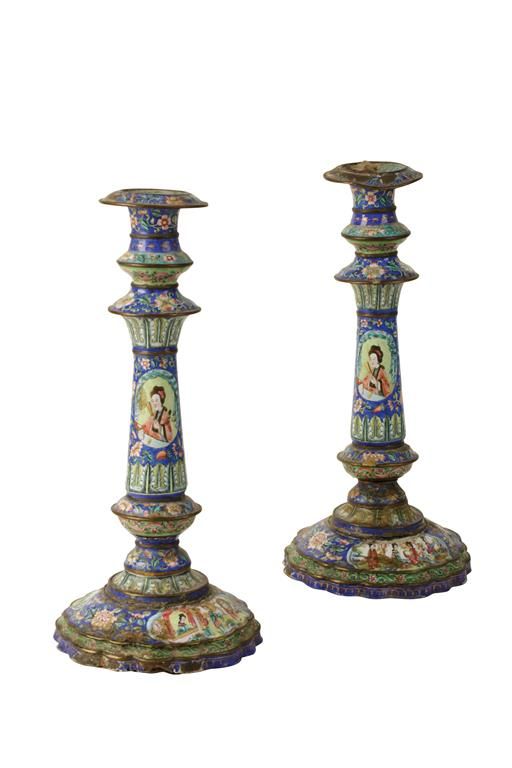 PAIR OF CHINESE ENAMEL CANDLESTICKS