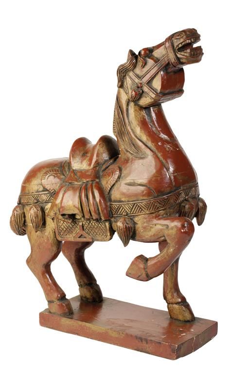 CARVED RED LACQUER TANG STYLE HORSE, 20TH CENTURY