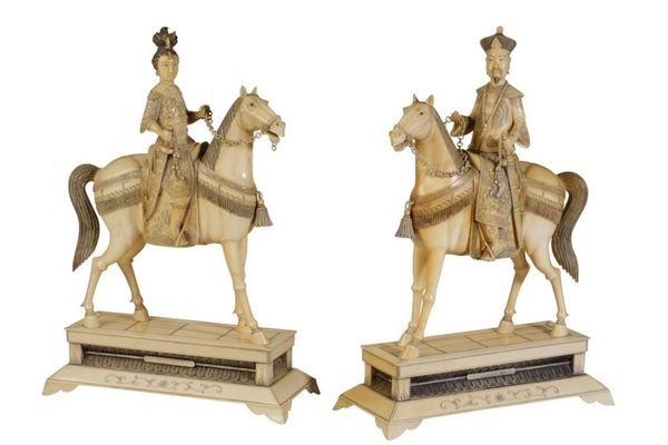 PAIR OF CARVED IVORY EQUESTRIAN FIGURES, LATE QING / EARLY REPUBLIC PERIOD