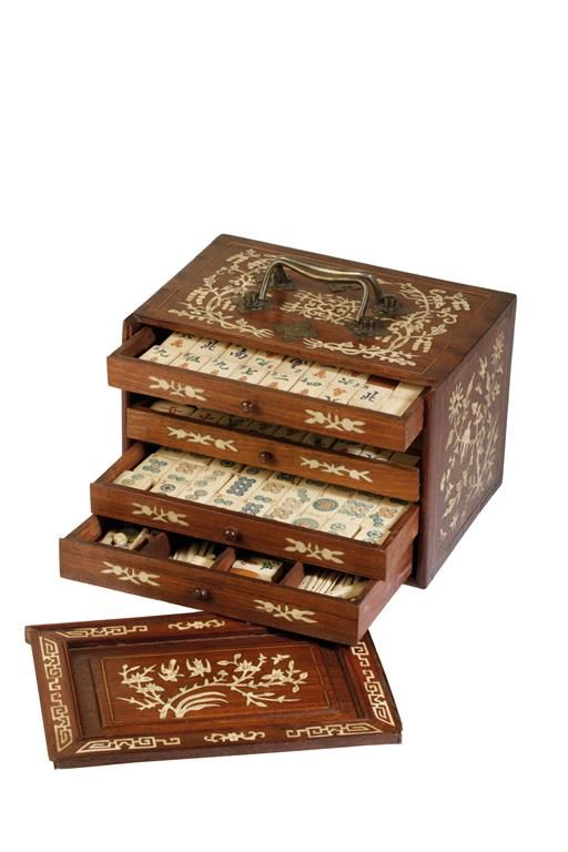 HARDWOOD AND BONE INLAID MAHJONG SET, EARLY 20TH CENTURY