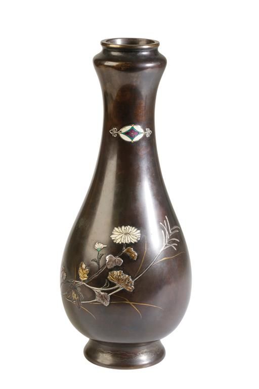 JAPANESE BRONZE, MIXED METAL AND ENAMEL VASE, MEIJI PERIOD