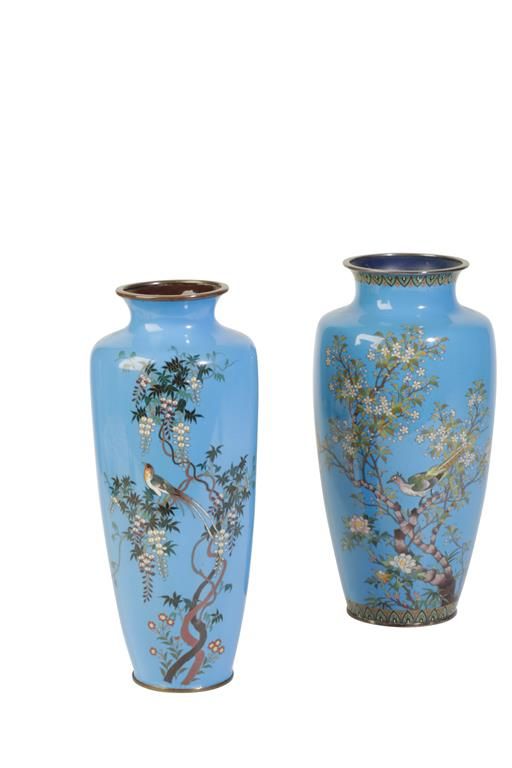 TWO JAPANESE CLOISONNE BALUSTER VASES, MEIJI PERIOD