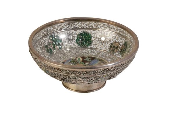 FINE JAPANESE SILVER AND ENAMEL FOOTED BOWL, MEIJI PERIOD
