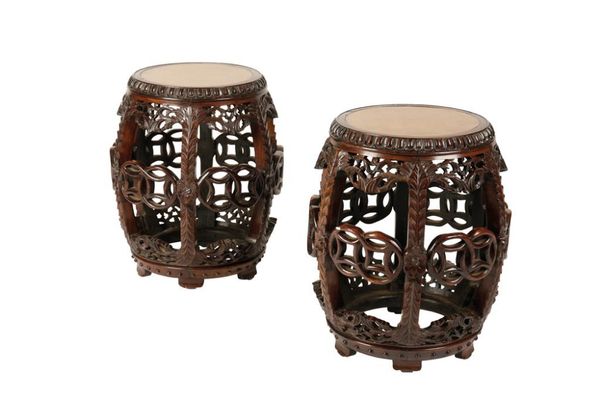 PAIR OF CARVED HUANGHUALI AND BURRWOOD BARREL STOOLS, QING DYNASTY, 19TH CENTURY