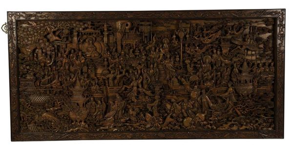 FINE AND LARGE CARVED HARDWOOD PANEL, INDONESIAN, 20TH CENTURY