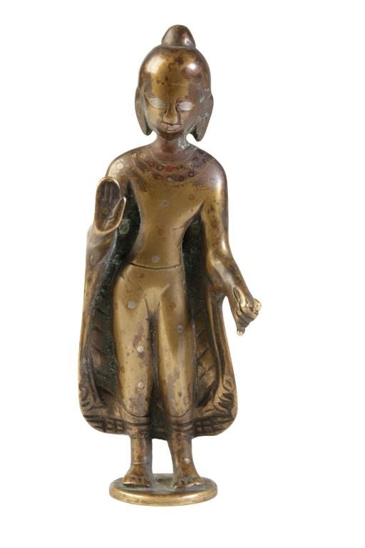 BRONZE, SILVER AND COPPER INLAID STANDING BUDDHA, KASHMIR, 15TH CENTURY