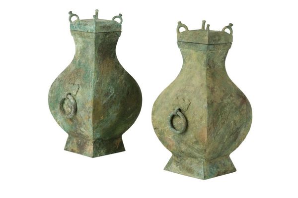 RARE PAIR OF RITUAL BRONZE FANG HU WINE VESSELS AND COVERS, HAN DYNASTY