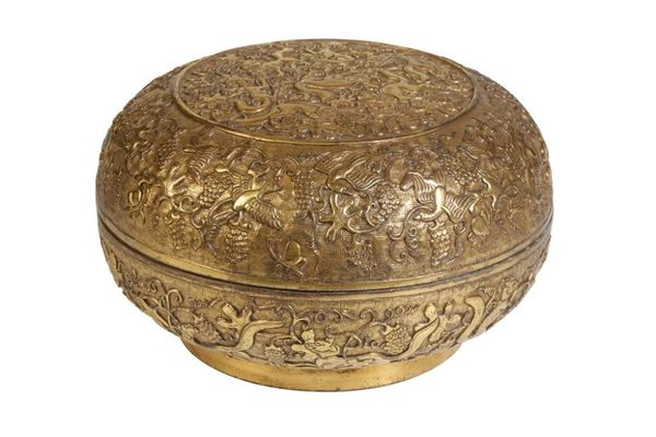 GILT BRONZE 'SQUIRRELS AND GRAPES' CIRCULAR BOX AND COVER, KANGXI SIX CHARACTER MARK BUT LATER