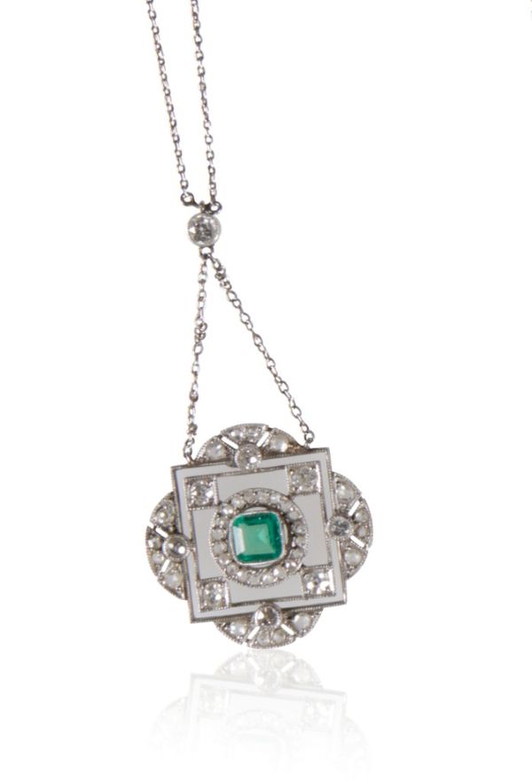 ART NOUVEAU EMERALD AND DIAMOND PENDANT NECKLACE