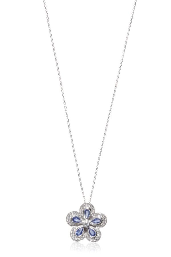 SAPPHIRE & DIAMOND CLOVER LEAF SHAPED PENDANT NECKLACE