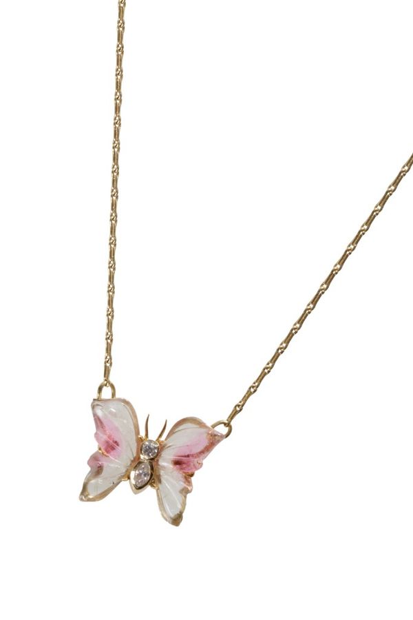 18CT YELLOW GOLD, ROCK CRYSTAL BUTTERFLY PENDANT NECKLACE