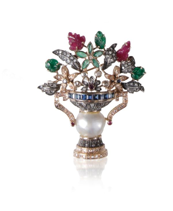 VICTORIAN DIAMOND, GEM AND PEARL SPRAY BROOCH