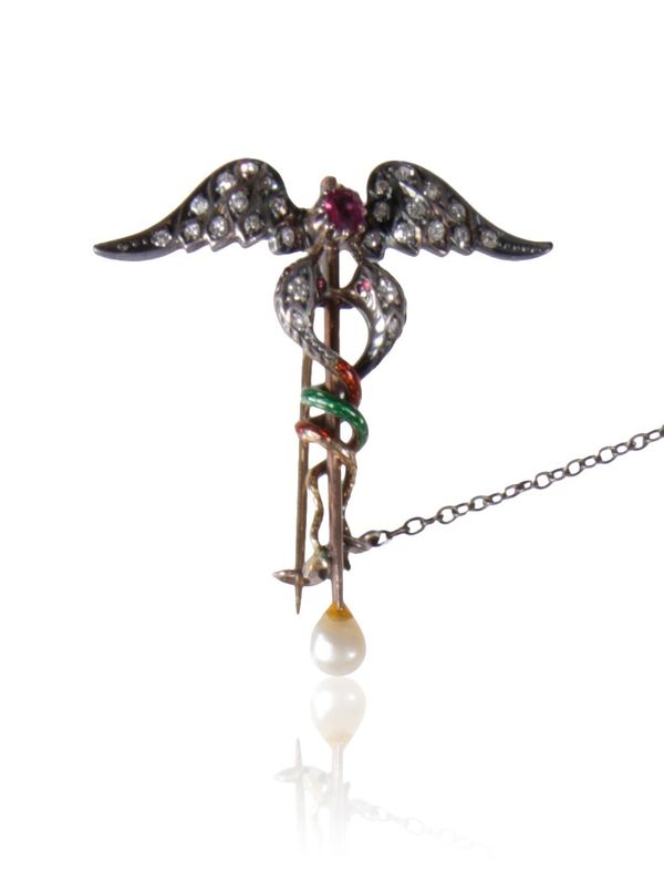 DIAMOND & ENAMEL MEDICAL CADUCEUS SYMBOLIC BROOCH