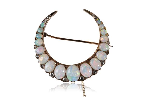 OPAL AND DIAMOND CRESCENT BROOCH