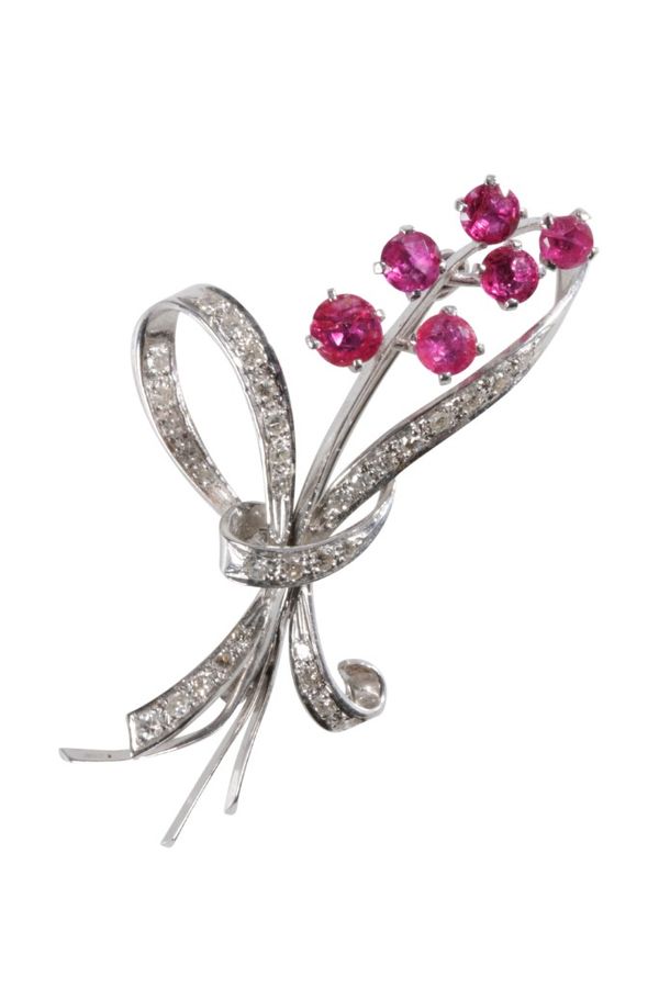 DIAMOND AND "RUBY" FLORAL SPRAY BROOCH