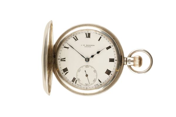 J.W. BENSON OF LONDON SILVER CASED HALF HUNTER GENTLEMAN'S POCKET WATCH