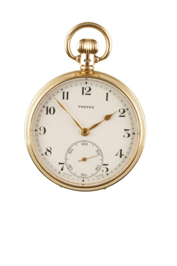 VERTEX 9 CT GOLD CASED OPEN FACE GENTLEMEN'S POCKET WATCH